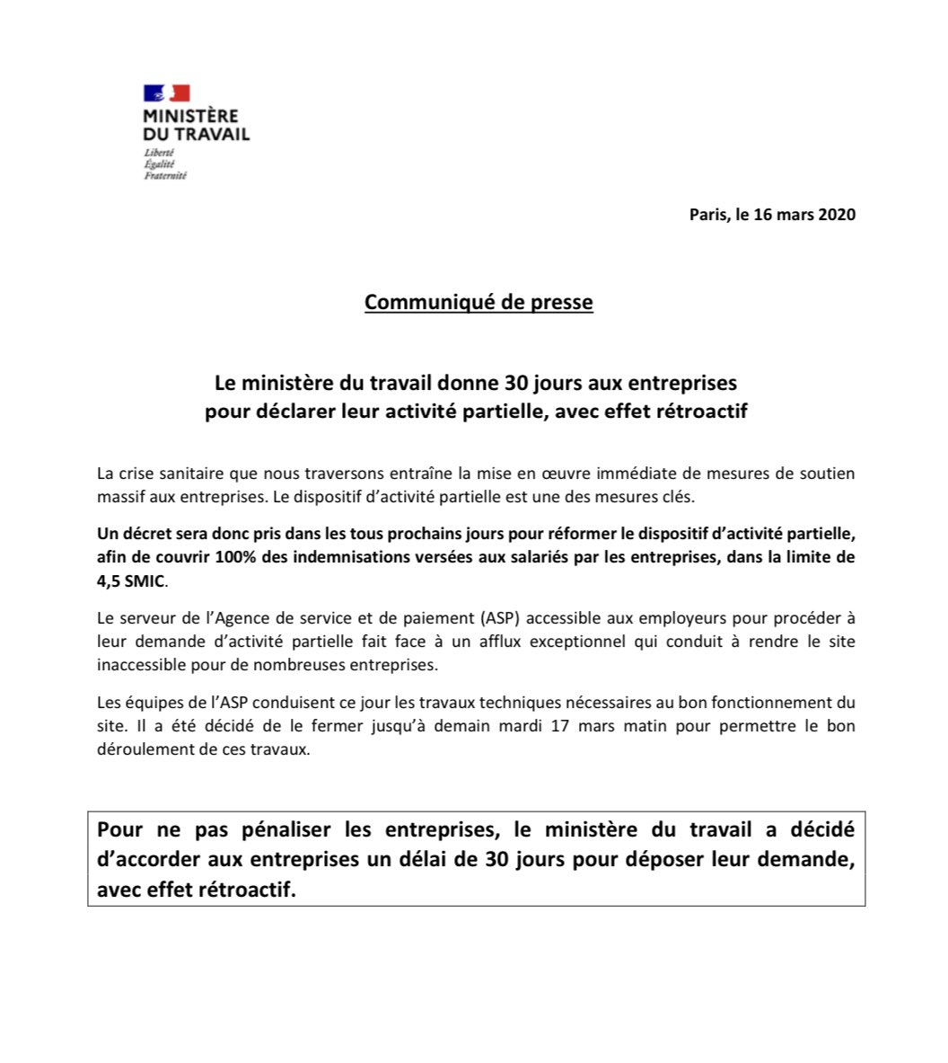 Partial activity: A press release from the Ministry of Labor specifies that companies have 30 days to submit their application to get a 100% compensation coverage, up to a maximum of 4.5 the value of the minimum wage.